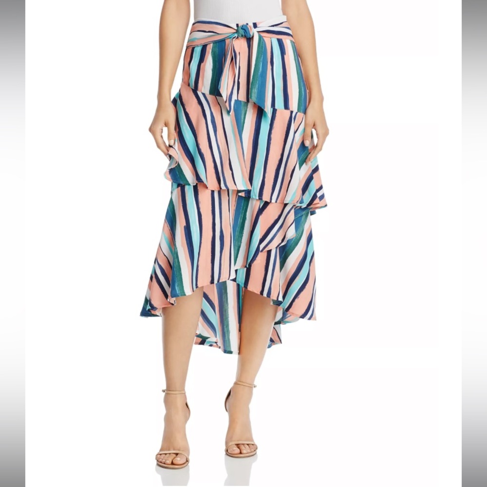 Multi colored striped brushstroke hi-low ruffle skirt with front tie